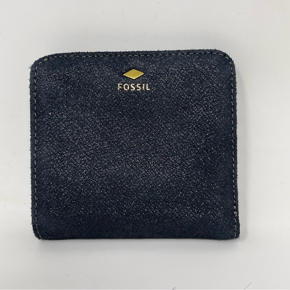 Fossil Handbags - Fossil Madison Bifold Wallet Black Shimmer Nubuck Suede RFID Zippered Coin Pouch